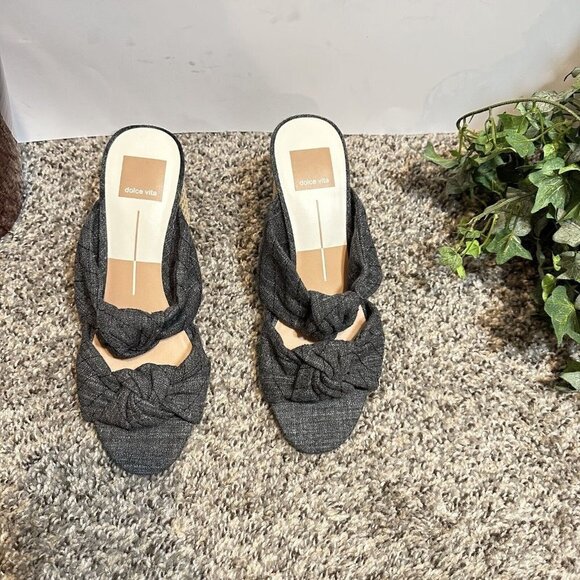 Dolce Vita Jene Double Strap Heeled Sandal Knotted Fabric Gray Slip On 7.5 New - Picture 5 of 8